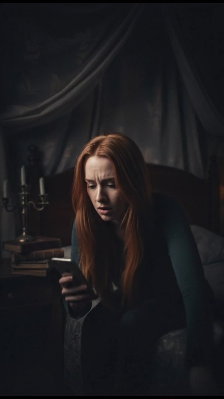 Emma sitting on her bed in her bedroom, holding her smartphone, looking confused.