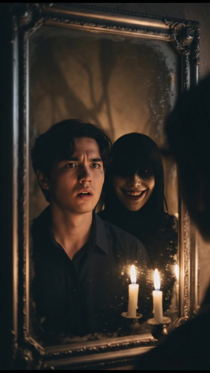 A close-up of the mirror showing Ken's reflection, with the shadowy figure smiling and Ken looking confused.