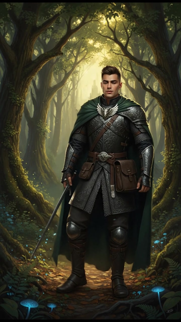 Amir standing alone in a dense, quiet forest, surrounded by towering green trees and soft sunlight filtering through the leaves.