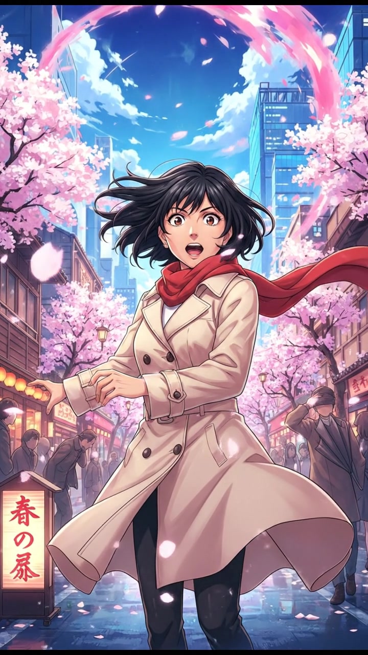 A strong wind blowing through the streets of Tokyo, cherry blossom petals swirling around Li.