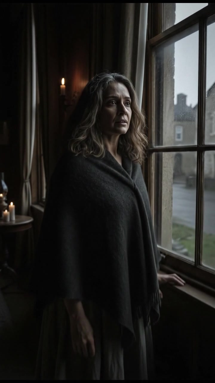 Asha peering intently out of the window, with a hint of anxiety on her face.