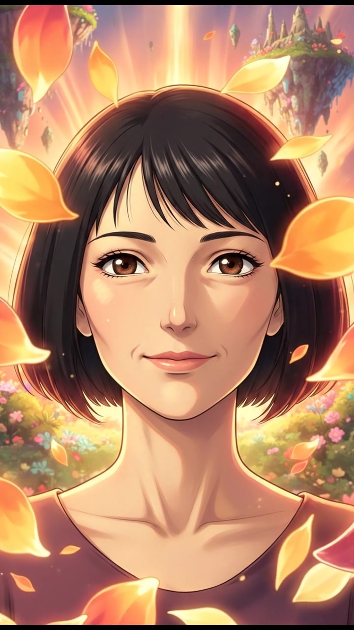 Li with petals around her face, illuminated by the warm glow of the petal.