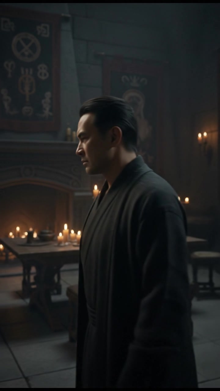 Hiro ending the conversation with a slight frown, looking serious.