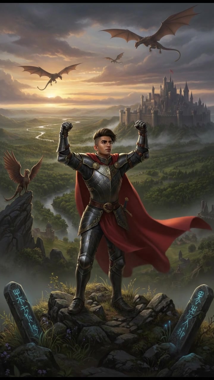 Arjun lifting his arms in triumph atop a hill, overlooking a vast landscape.