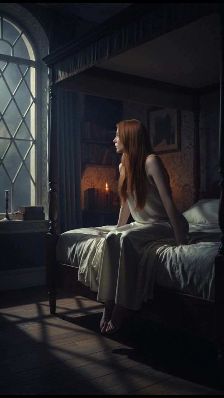 A dark bedroom with moonlight filtering through the window, Emma sits up in bed, looking alert.