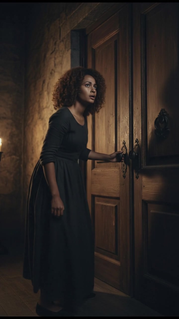 Nia standing at the door with a trembling hand, hesitating to open it.