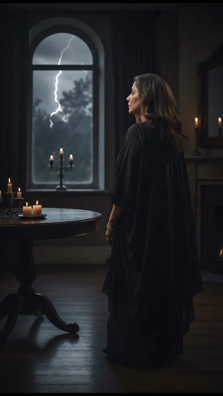 Asha in her living room, looking out the window, dismissing the noises.