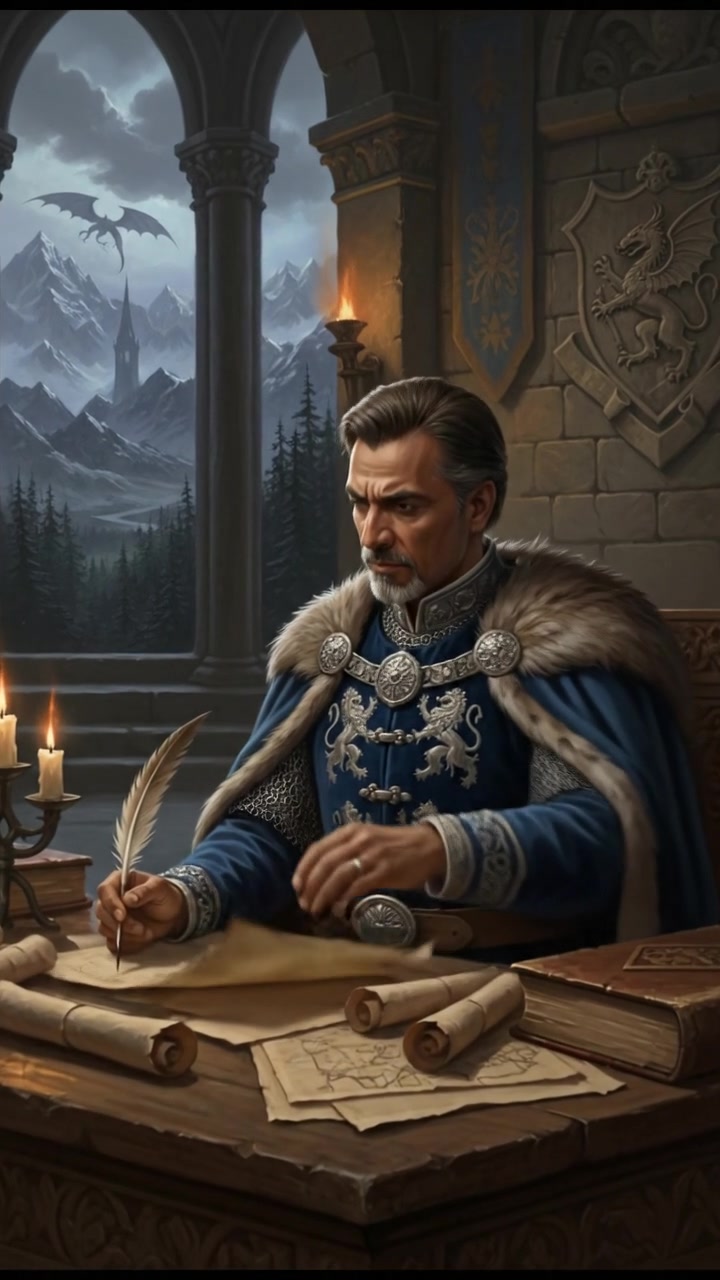 Raj, dressed in formal attire, sits at a desk with papers in front of him, looking serious.