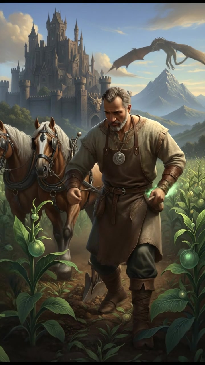 Raj working in a green field, with crops growing around him under a clear blue sky.