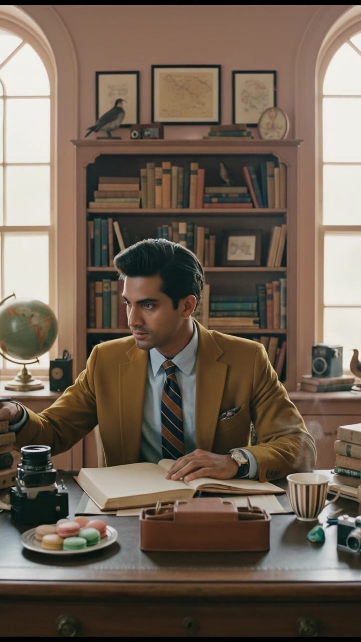 Arjun sitting at a desk, surrounded by books, with a focused expression as he writes notes.