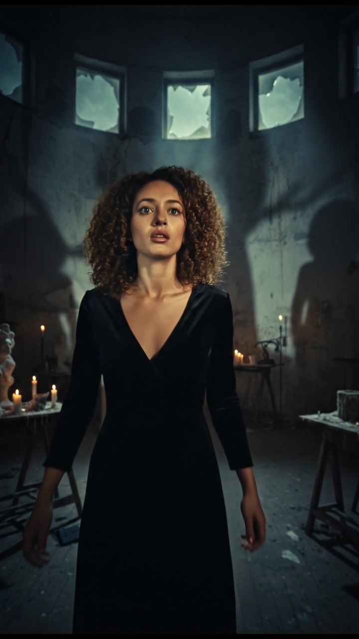 Nia standing in the studio, looking frightened and confused, surrounded by shadows.