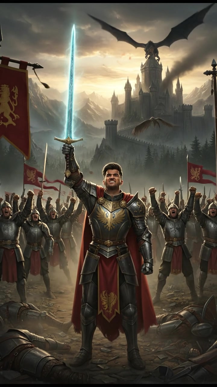 Arjun stands victorious on the battlefield, sword raised triumphantly among cheering soldiers.