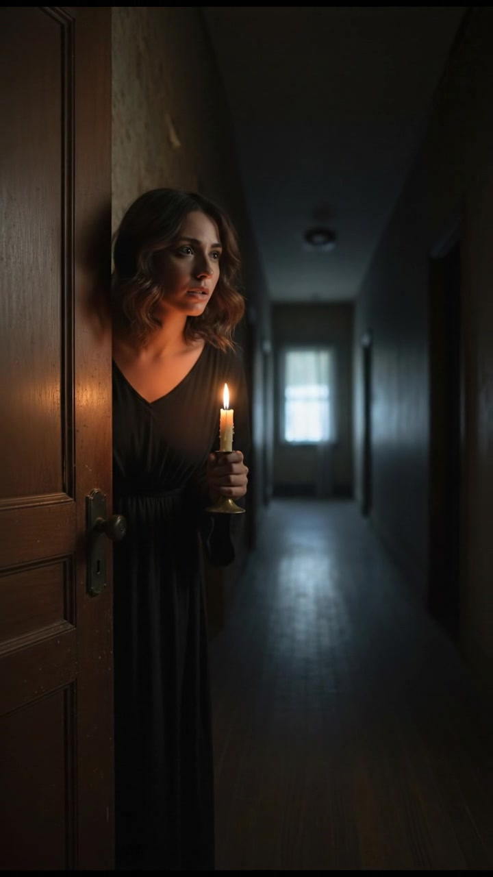 Laila peeking cautiously out her bedroom door into a dimly lit hallway.