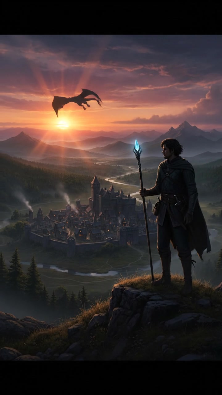 A silhouette of a traveler, Ken, standing on a hilltop with a sunset backdrop, overlooking a distant village.