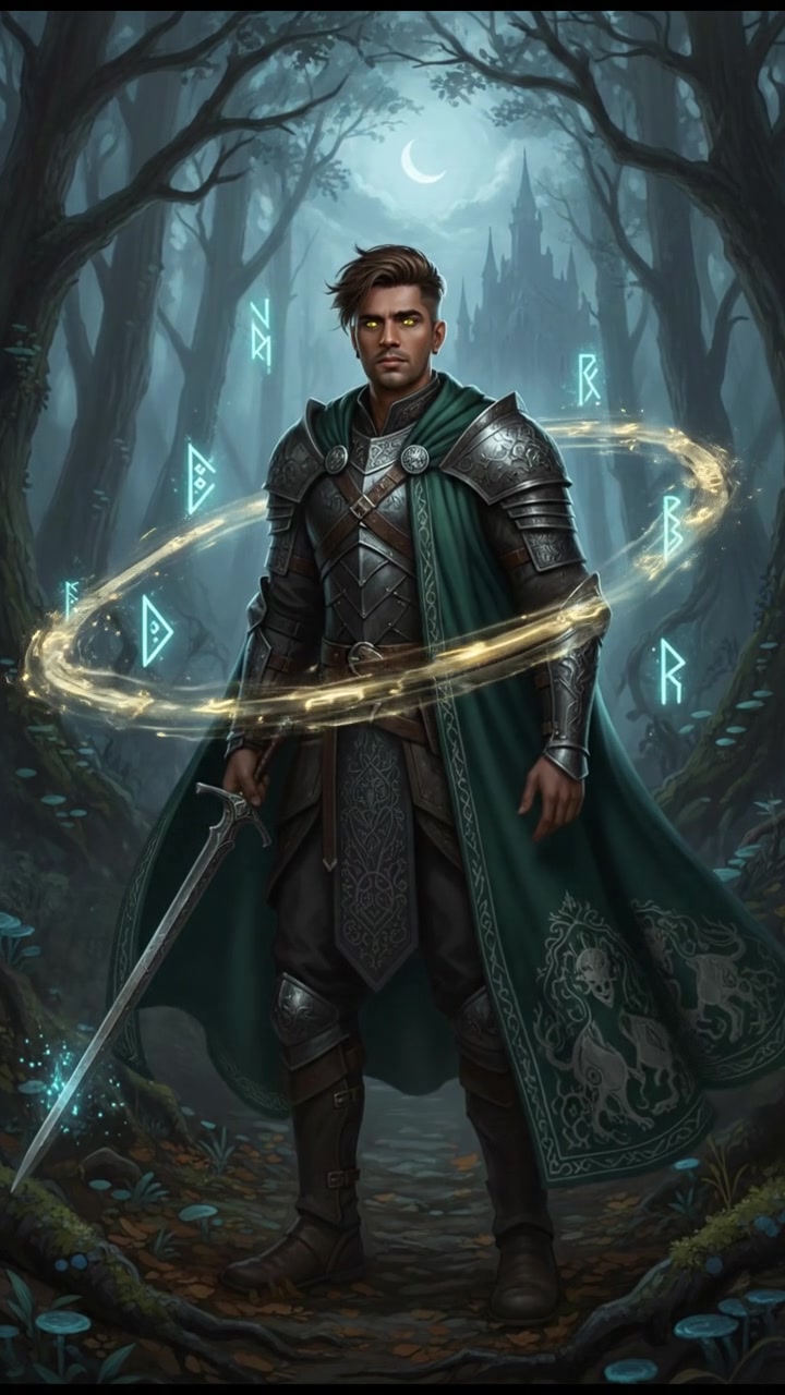 Darkness engulfing the forest, with a faint whisper echoing through the trees, hinting at Arjun's presence.