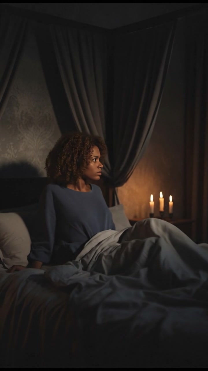 A young woman named Nia, sitting up in bed, looking confused, with soft lighting in her bedroom.