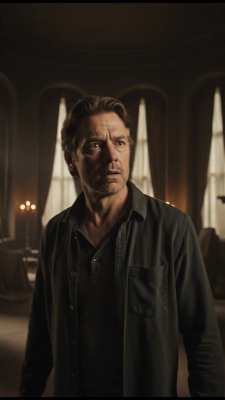 Mark looking anxiously around the room as the silence deepens, shadows looming.