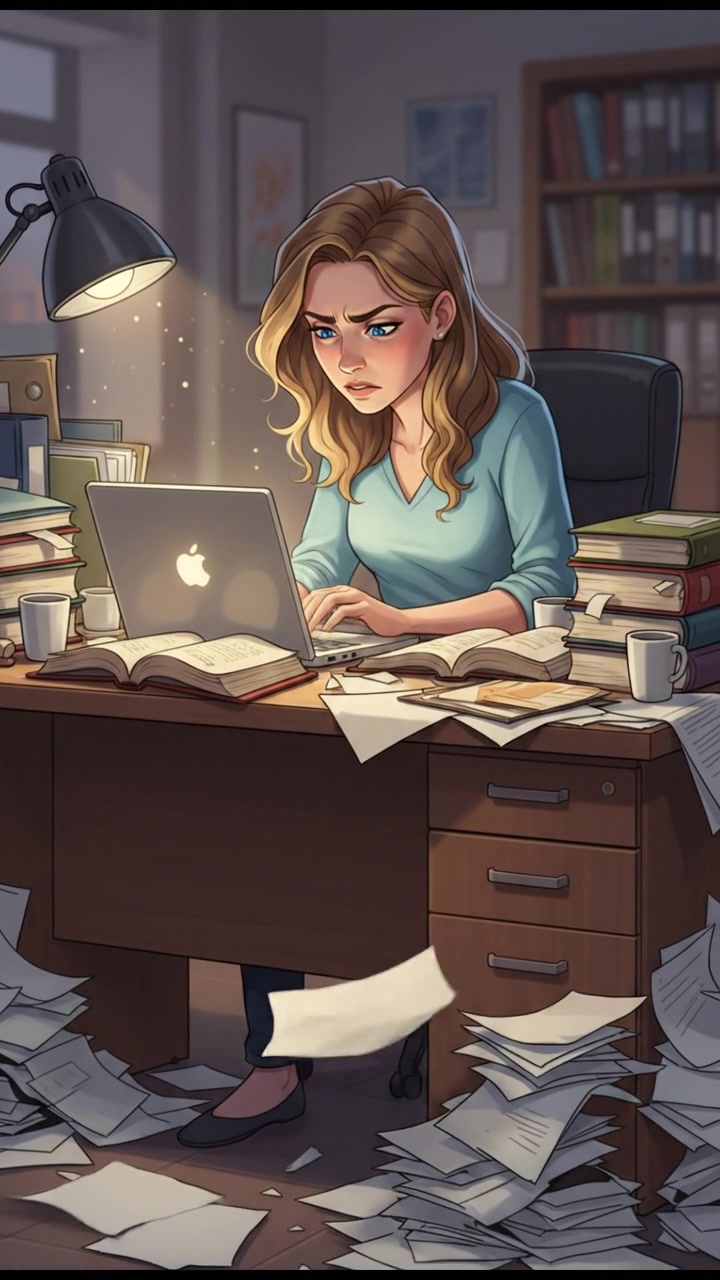 Ashley working at her desk covered with papers and a laptop, looking stressed and focused.