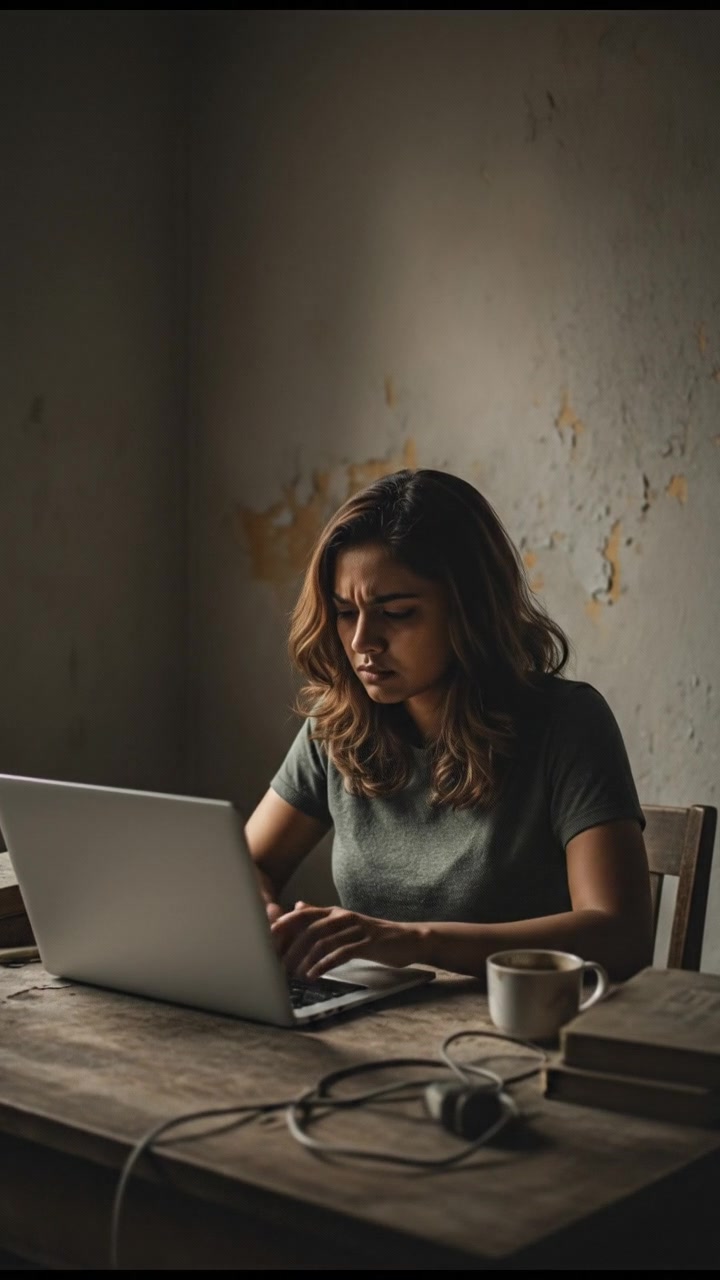 Priya sitting at a desk, typing on a laptop, with a focused expression.