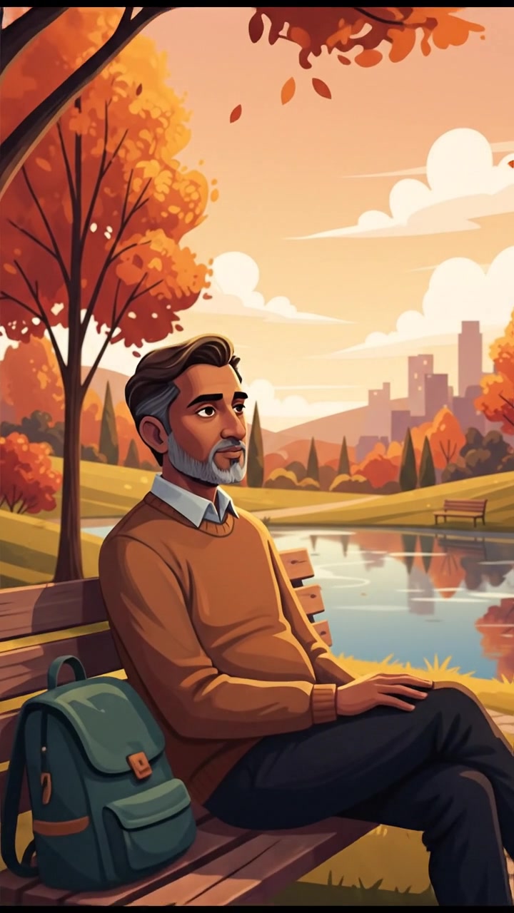 Raj sitting on a park bench, taking a break and looking thoughtfully at the scenery around him.