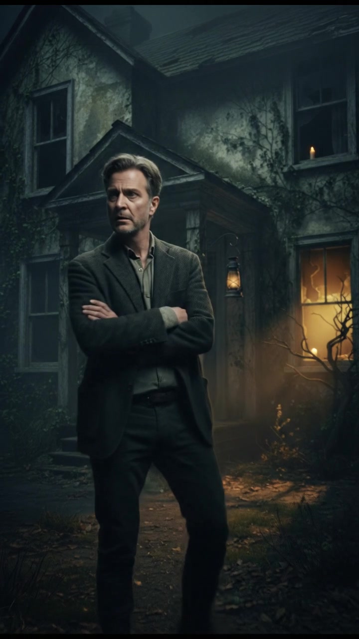 Mark stands in front of the old house, looking nervous with arms crossed.
