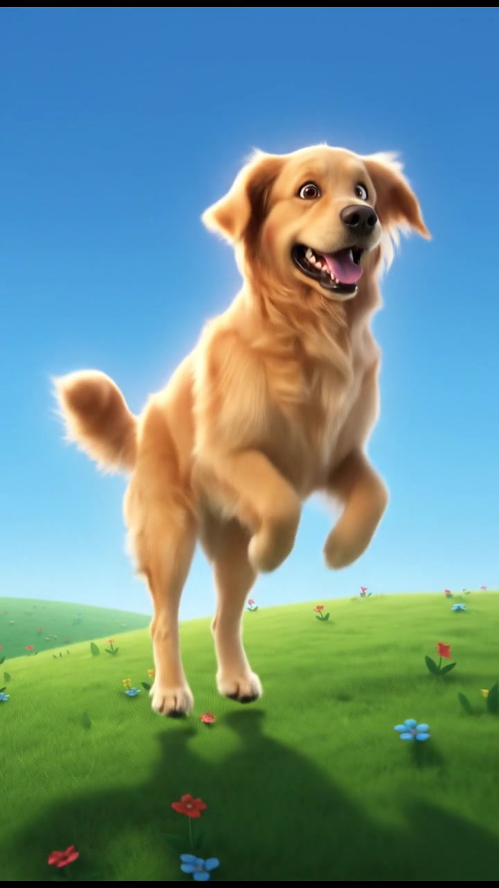 Rover makes a soaring leap into the air, surrounded by a clear blue sky and green grass.