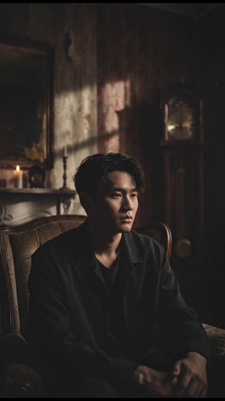 Ken sitting alone in a dimly lit living room, with shadows on the walls.