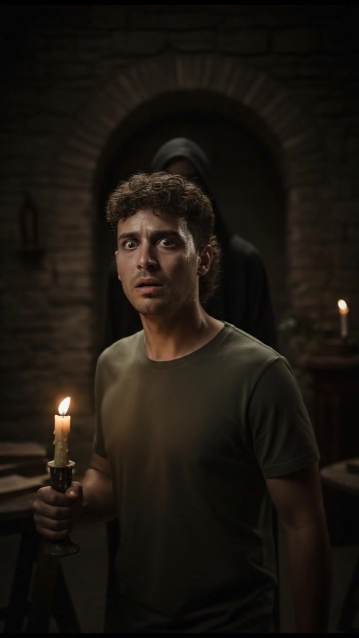 Mateo's fearful expression as he realizes he is being watched, heart racing.