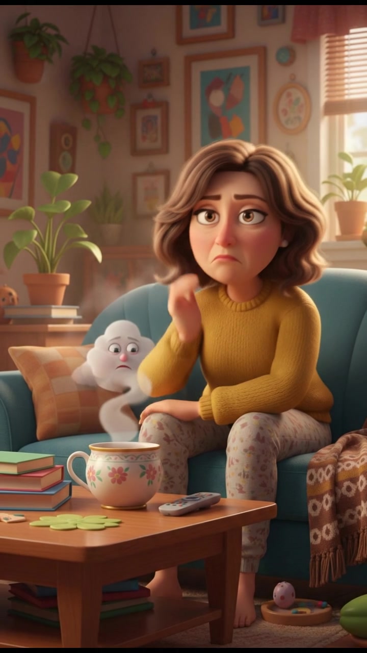 Susan sits on the couch, looking bored, with a cup of tea on the table beside her.