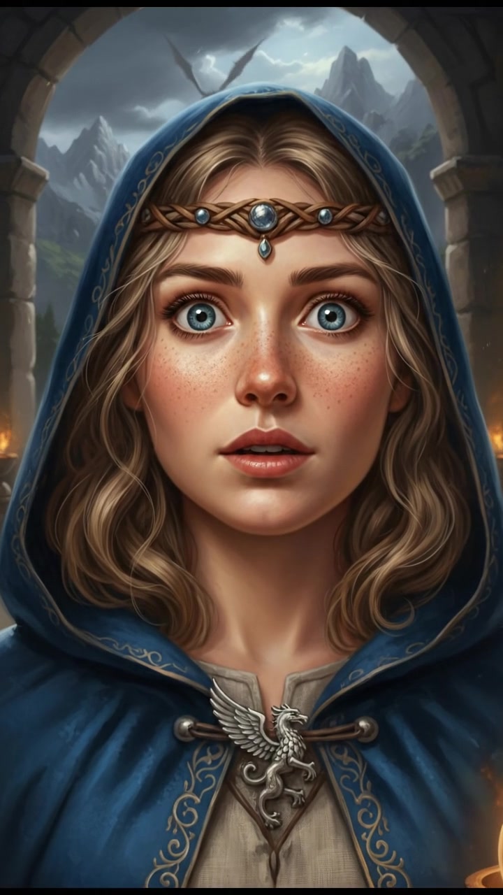 A close-up of Ashley's face, her blue eyes wide with curiosity and wonder.