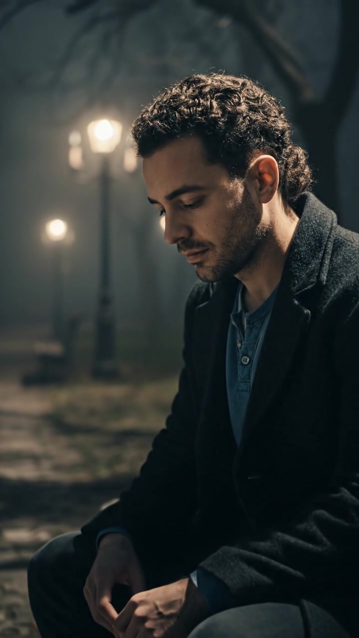Mateo sitting on a park bench, gazing thoughtfully at the ground.