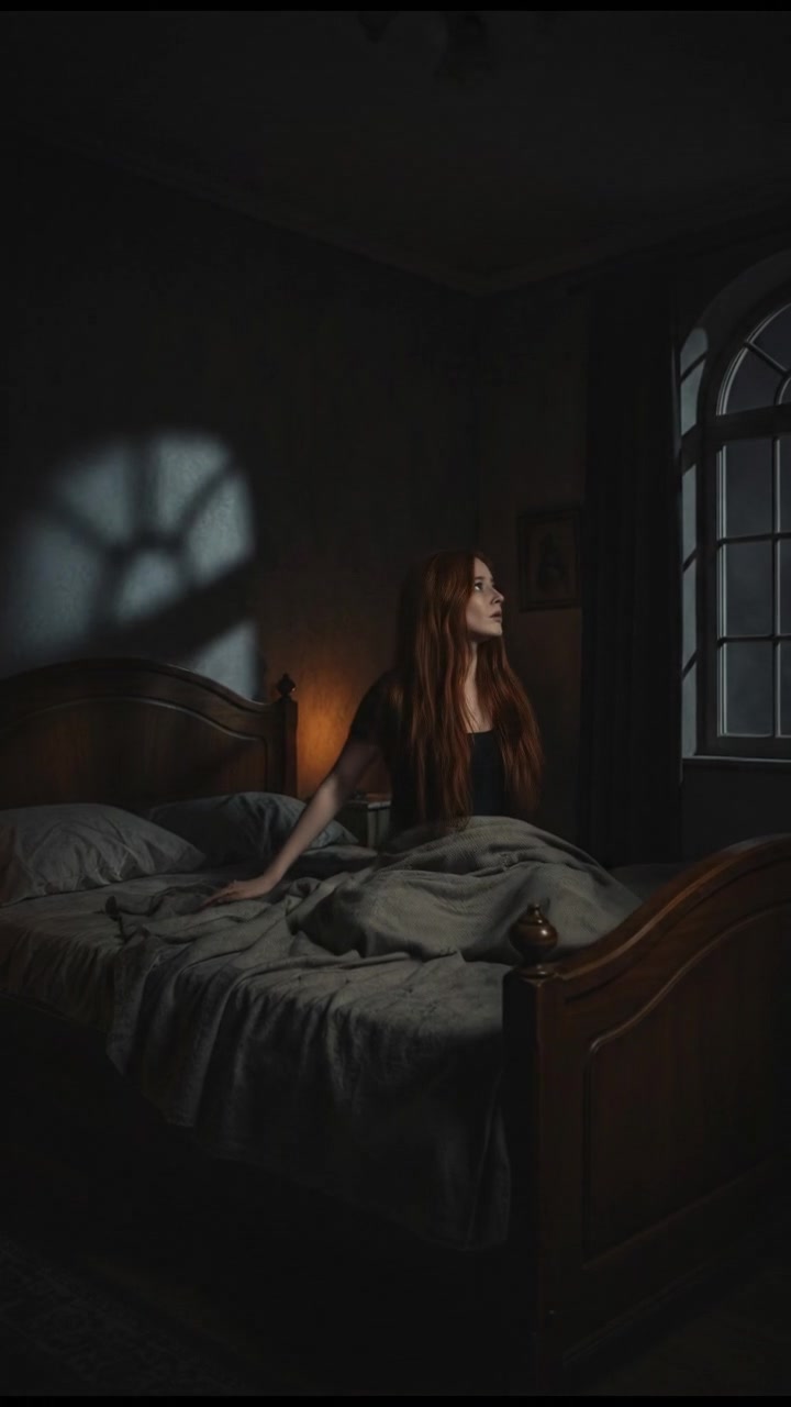 A dimly lit bedroom at night with shadows cast on the walls and a figure of Emma waking up in bed.