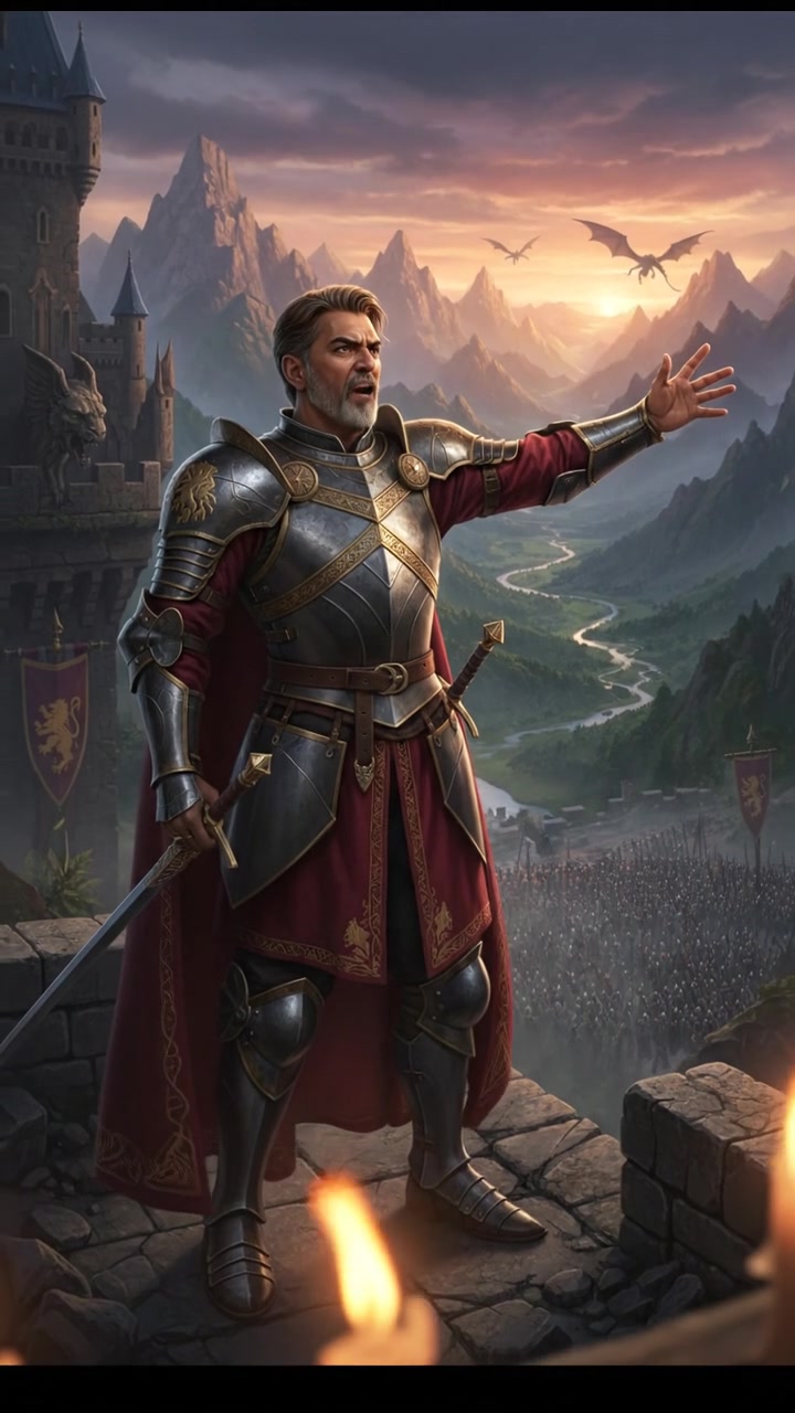 Raj standing tall, gesturing emphatically as he declares his feelings about the throne.