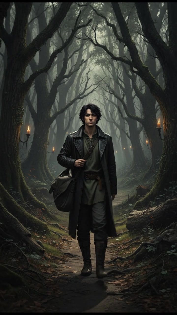 The young man walking along a winding path through a dense forest, surrounded by towering trees.