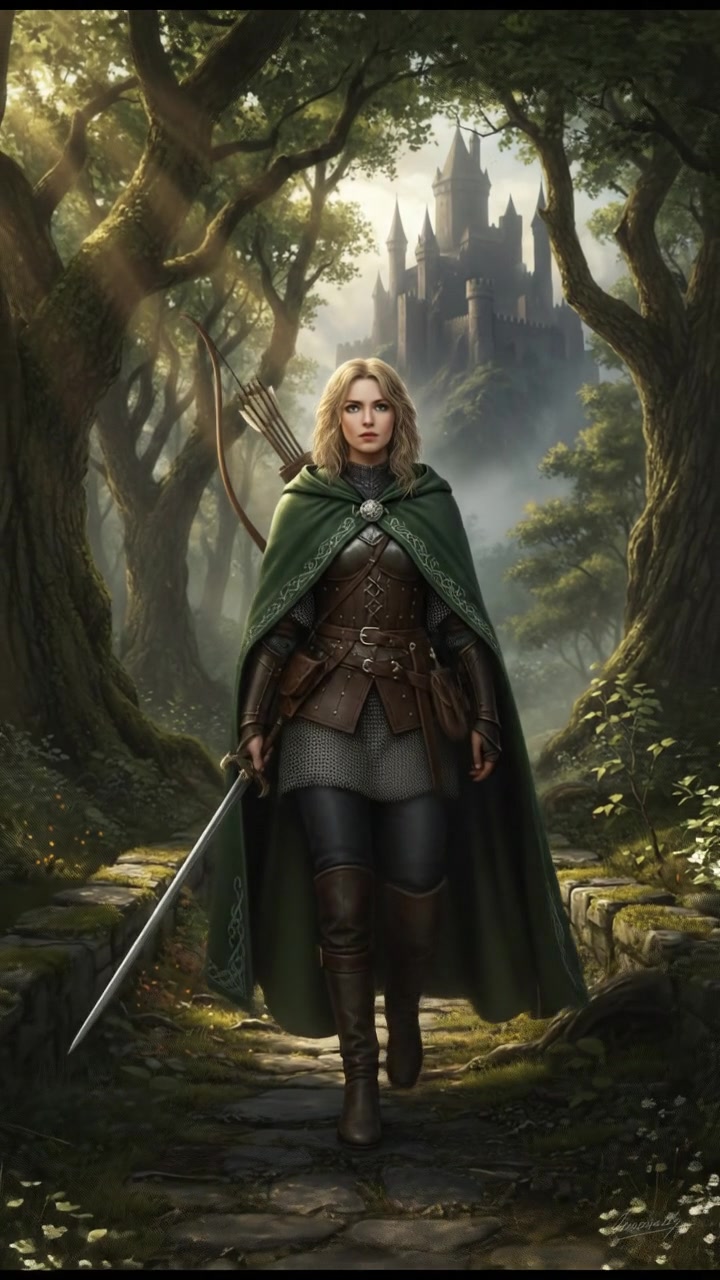 Ashley walks near the edge of a lush forest, sunlight filtering through the trees.