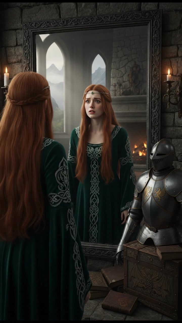 Emma looks closely at her reflection in the mirror, with a hint of confusion on her face.