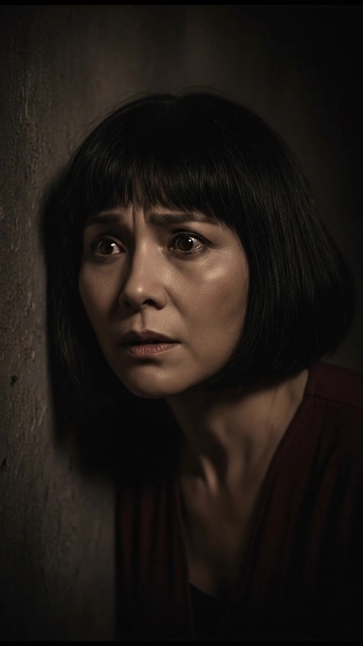 A close-up shot of Li whispering, with an anxious look.