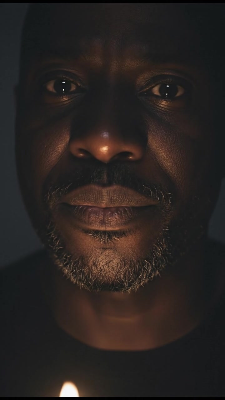 A close-up of Kwame's mouth as he emphatically declares his words.