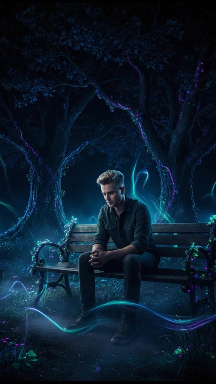 Ryan, wearing a casual shirt, sits on a park bench looking contemplative with trees around him.