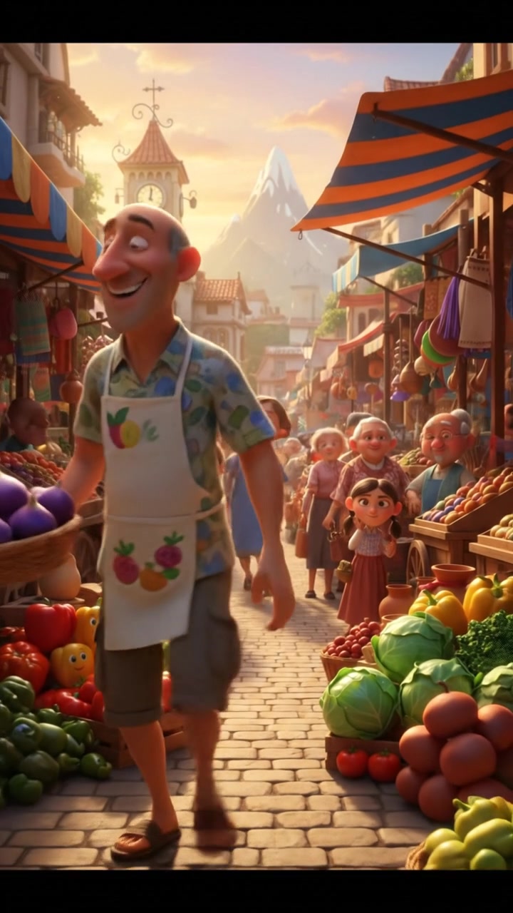 Carlos standing in a bright, bustling market, surrounded by vendors and shoppers, showcasing various products.