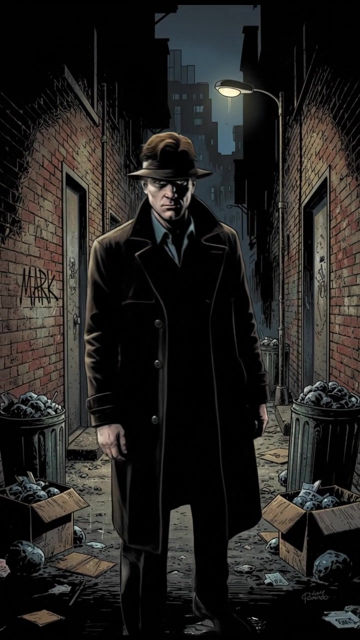 A shadowy figure named Mark stands in a dimly lit alley, blending with the darkness.