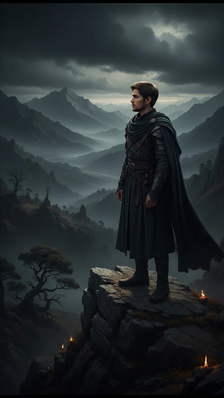 The Amir standing on a mountain peak, looking out at a vast landscape filled with valleys and distant mountains.