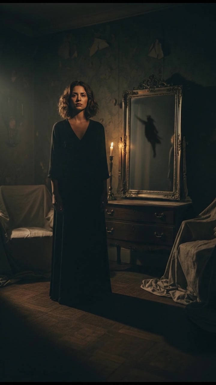 A darkened room with Laila standing still, a shadow subtly shifting in the corner of the mirror.