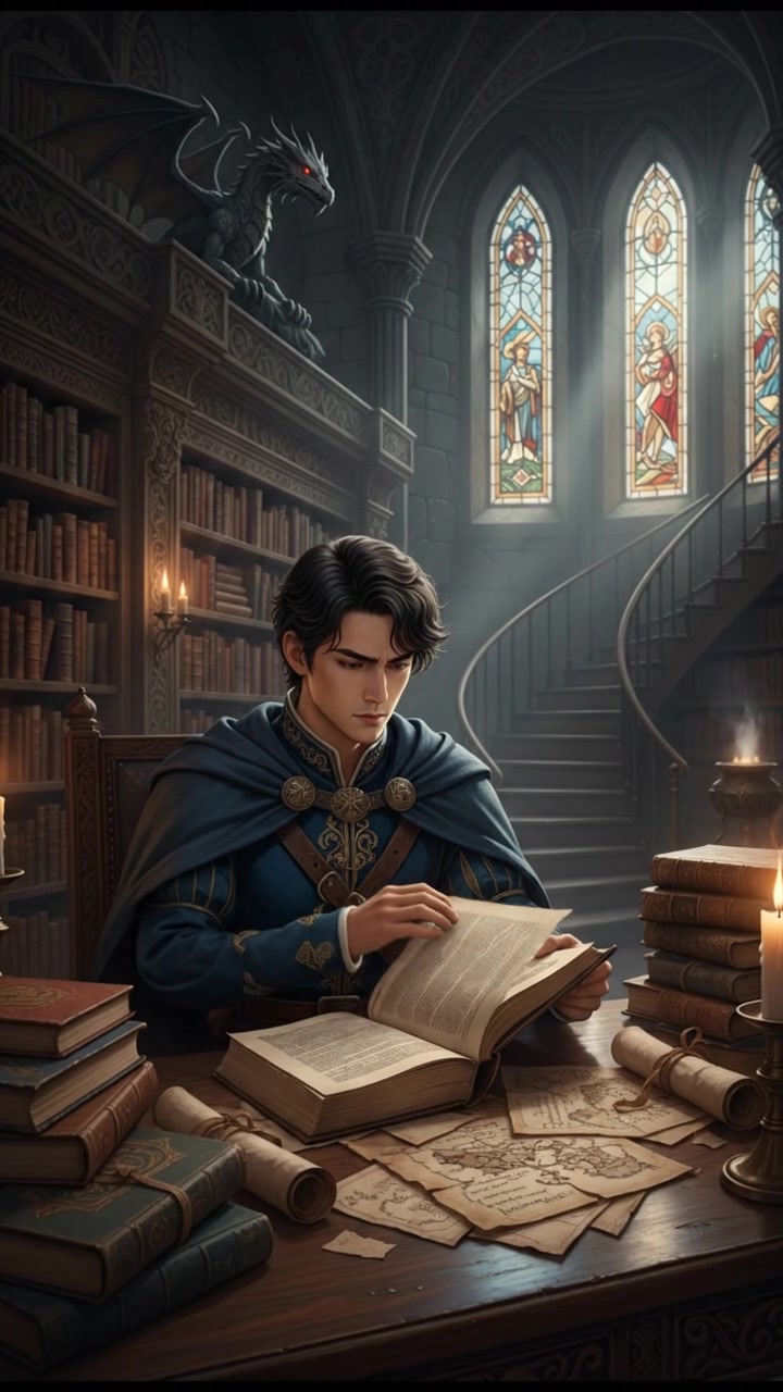 Ken studying diligently at a wooden desk, surrounded by books and scrolls in a library.