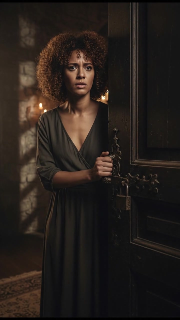 Nia is standing at the locked door, her hand on the doorknob, looking anxious.