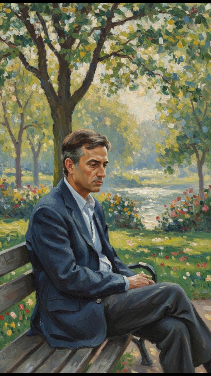 Omar sitting alone on a wooden bench in a park, looking contemplative with trees around him.