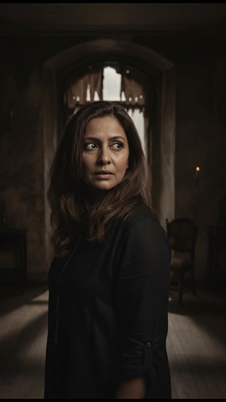 A dimly lit room with Asha looking over her shoulder, checking for others.