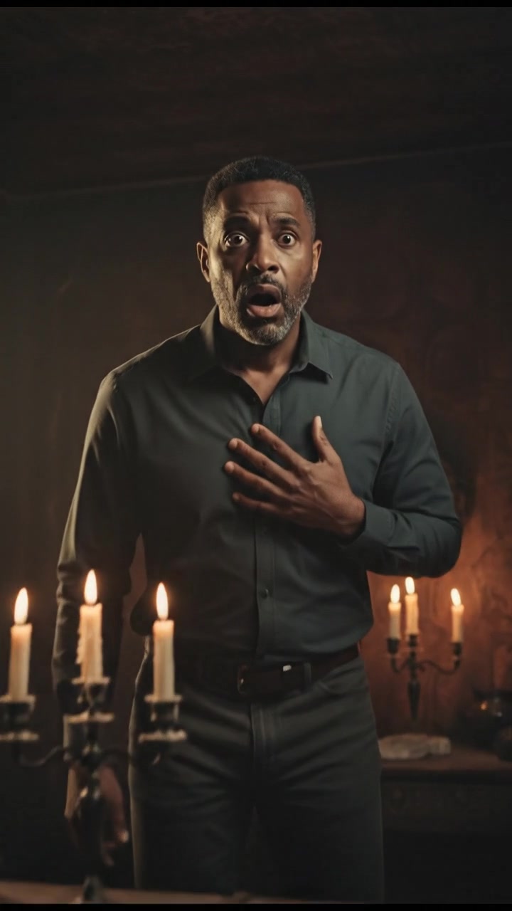 Kwame's surprised expression as he reacts to what he sees.