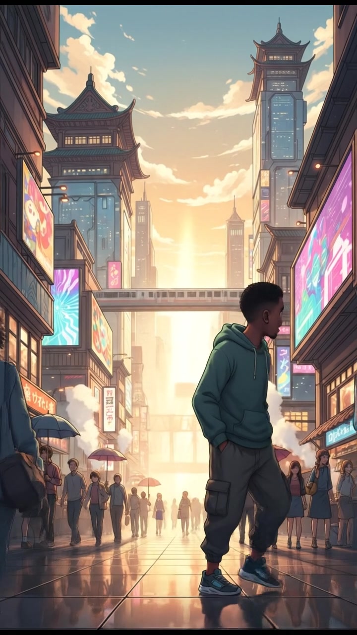 A bustling city street with tall buildings, Isaiah stands on the sidewalk, looking around.