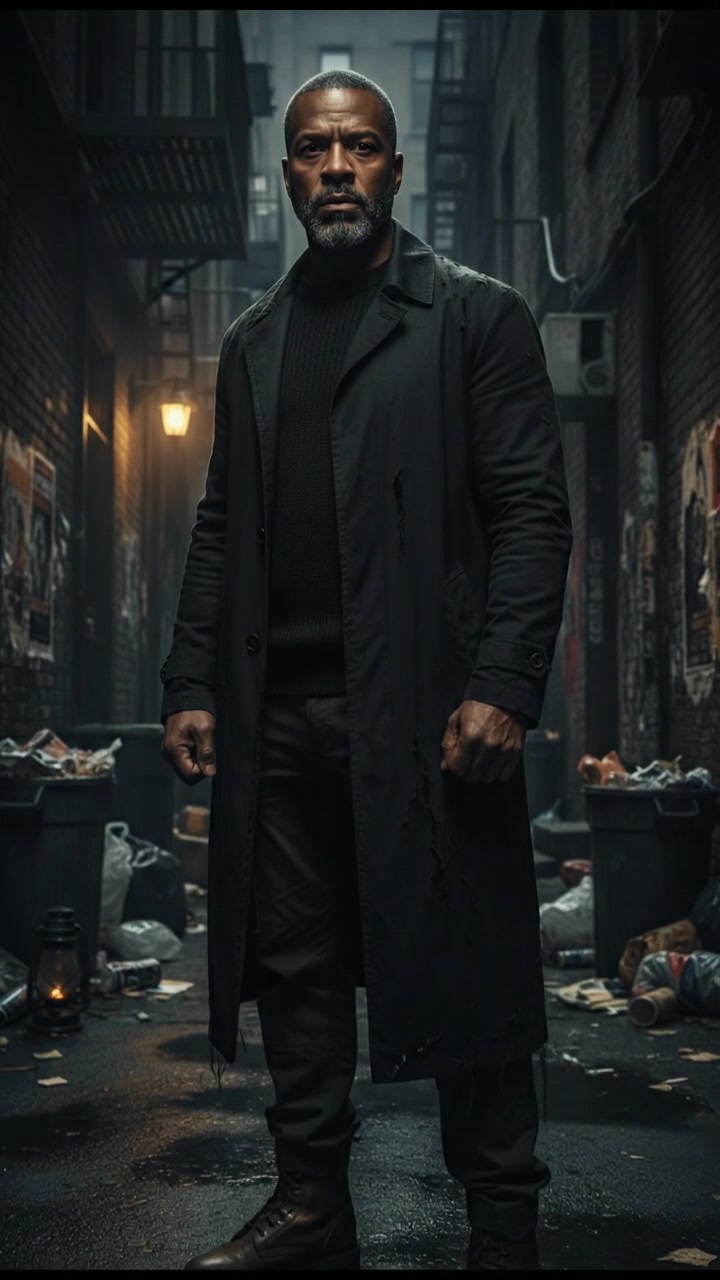 Kwame standing tall and menacing in a shadowy alley, with a faint glow illuminating his features.